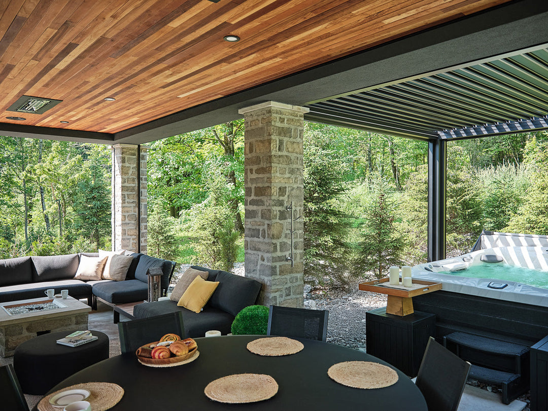 Terra Summer Cozy cocoon louvered pergola with motorized screens