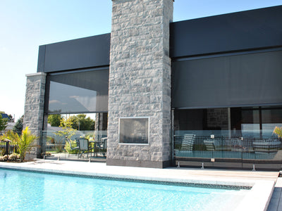 Poolside View of Motorized Screens for Aluminum Louvered Pergola