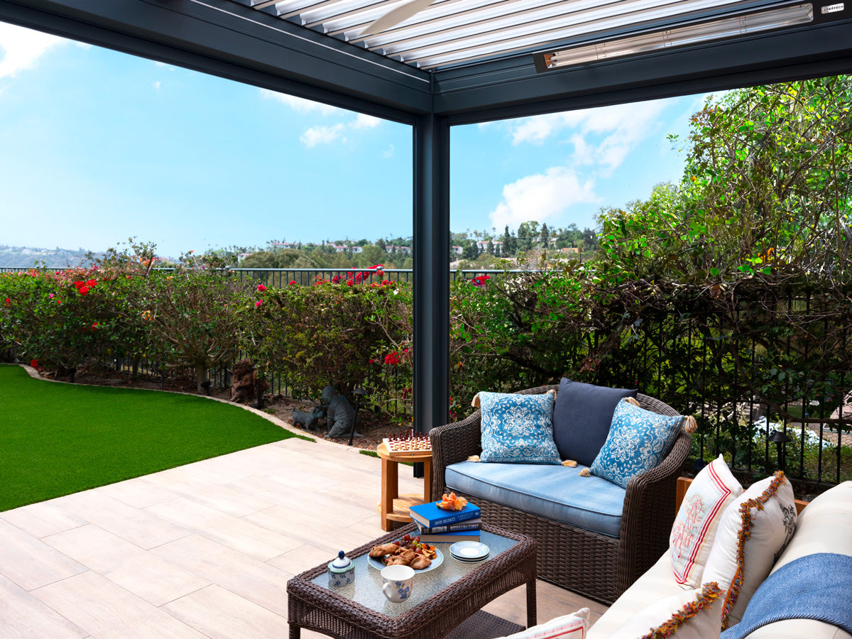 Terra Summer Large Motorized Louvered Pergola with screens and Privacy Shutters in Carlsbad, California