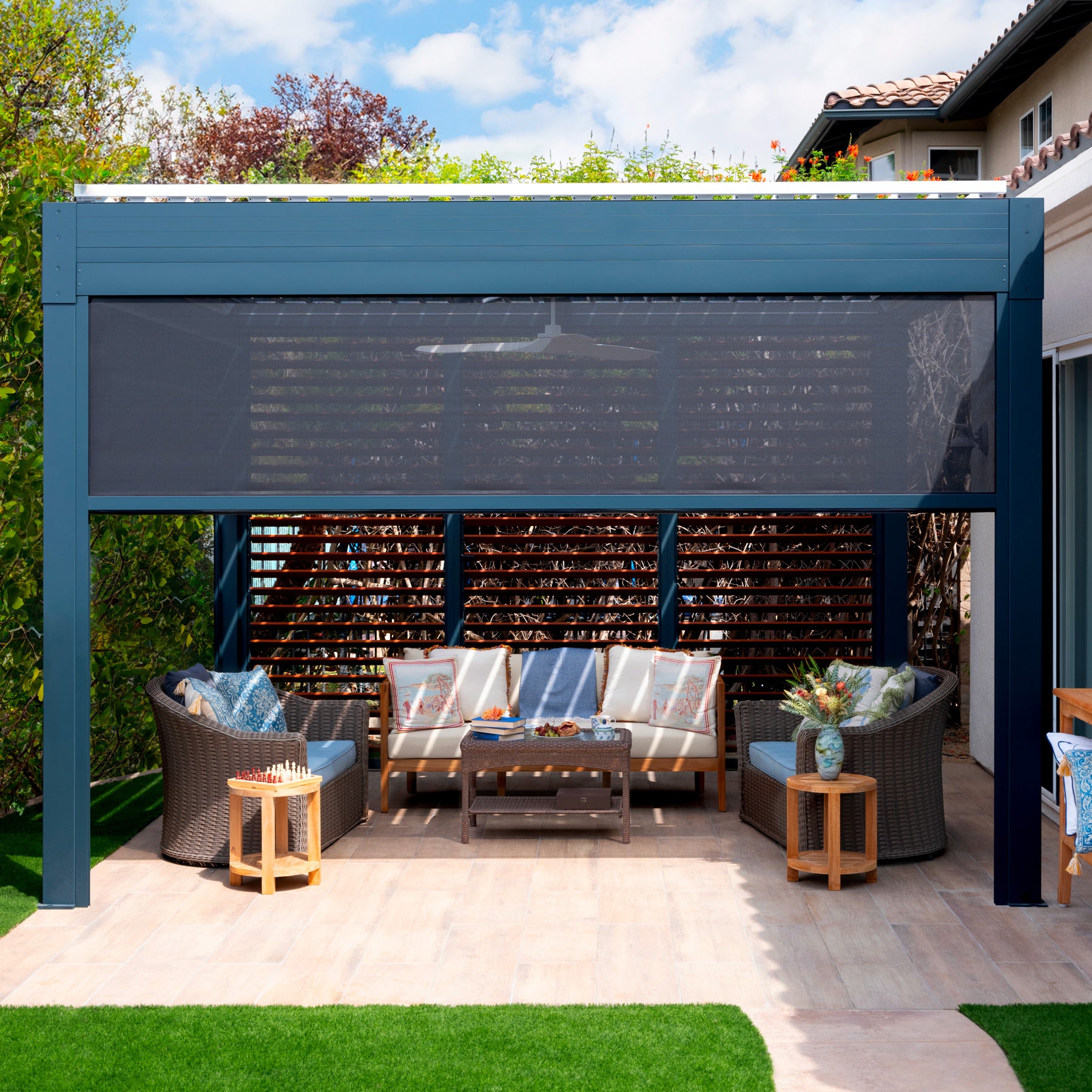 Terra Summer Large Motorized Louvered Pergola with screens and Privacy Shutters in Carlsbad, California